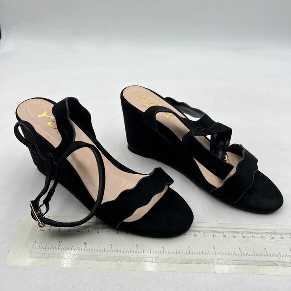 YDN Black Open Toe Ankle Strap Sandals Ruffle Band Wedge Heel Date Evening Shoes - Picture 4 of 8